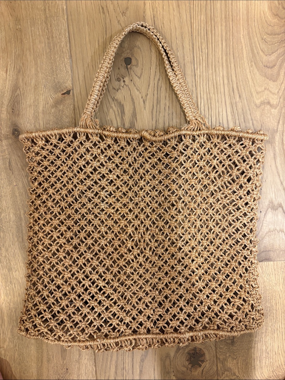 Handwoven Tan Straw Tote Bag with Braided Handles